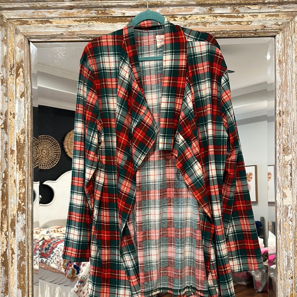 Plaid Open Front Cardigan - Red and Green